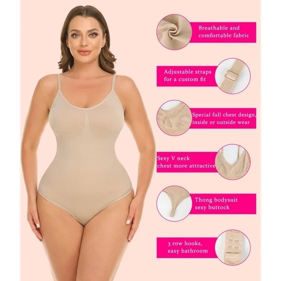 Shapewear Tummy Control Seamless V-Neck Body Shaper Bodysuit in Skin Neutral Tan - Picture 3 of 7